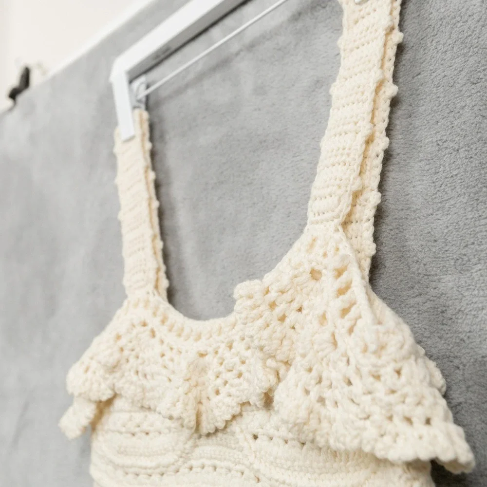 SEA NEW YORK Crochet Ruffle Button Back Wool Tank Top Coquette Festival Cream S